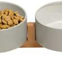 Ceramic Cat and Small Dog Bowl Set  Modern Indoor Small Size Pet Food and Water Bowls with Wood Stand  Non Slip Puppy Sized Feeding Station with Double Dishes (Gray)