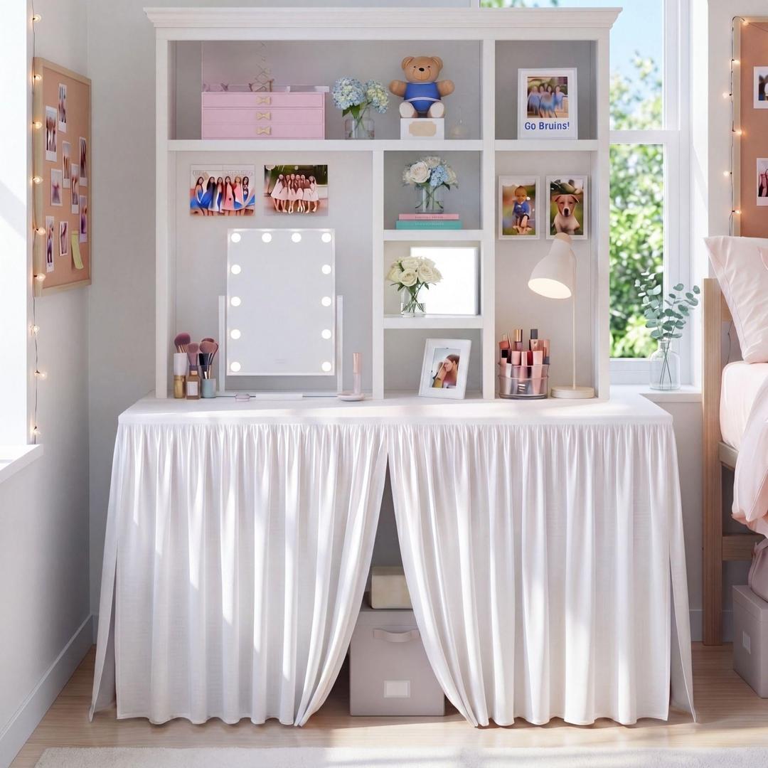 Breling 1 Pcs Ruffled Split Dorm Desk Skirt 42" L x 24" W x 30" H, White