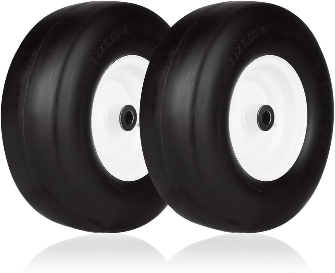 13x5.00-6" Flat Free Tire and Wheel Smooth Tire with Rim for Residential Lawn Mower Deck 36"-46" Garden Tractor | 3.25"-5.9" Centered Hub | Bore ID 3/4" 2PCS