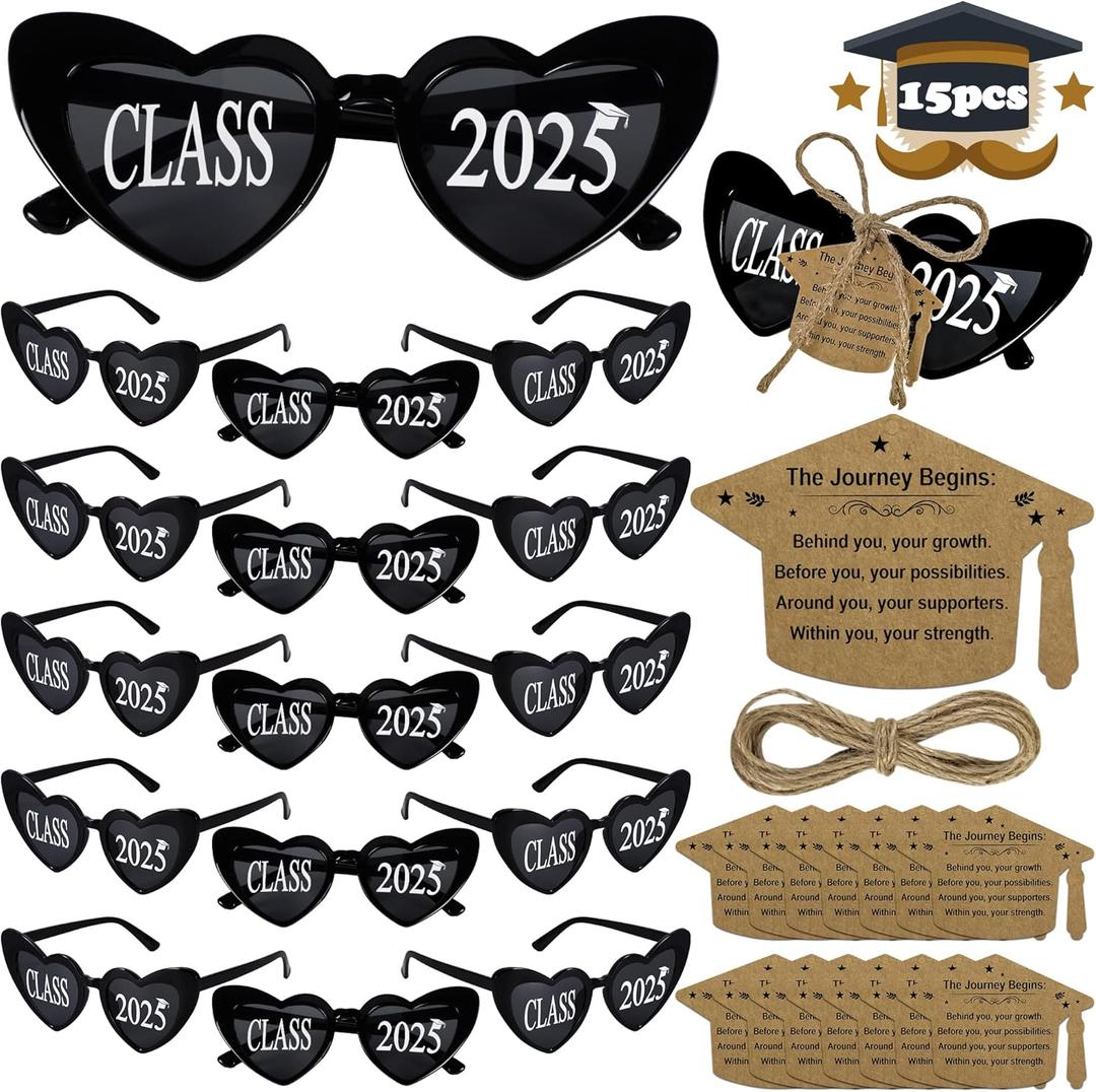 15pcs Graduation Party Favors Class of 2025 Sunglasses, Grad Glasses with Crads Bulk Photo Booth Props Decorations Eyeglasses Accessories(Heart)