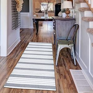 Chardin home Farmhouse Rug Runner 2x8 feet Grey & White Stripes | Recycled Cotton Hand Woven Rug, Long Boho Rug | Perfect for Hallways, Kitchens, Bathroom, bedrooms, Meditation Yoga Mat
