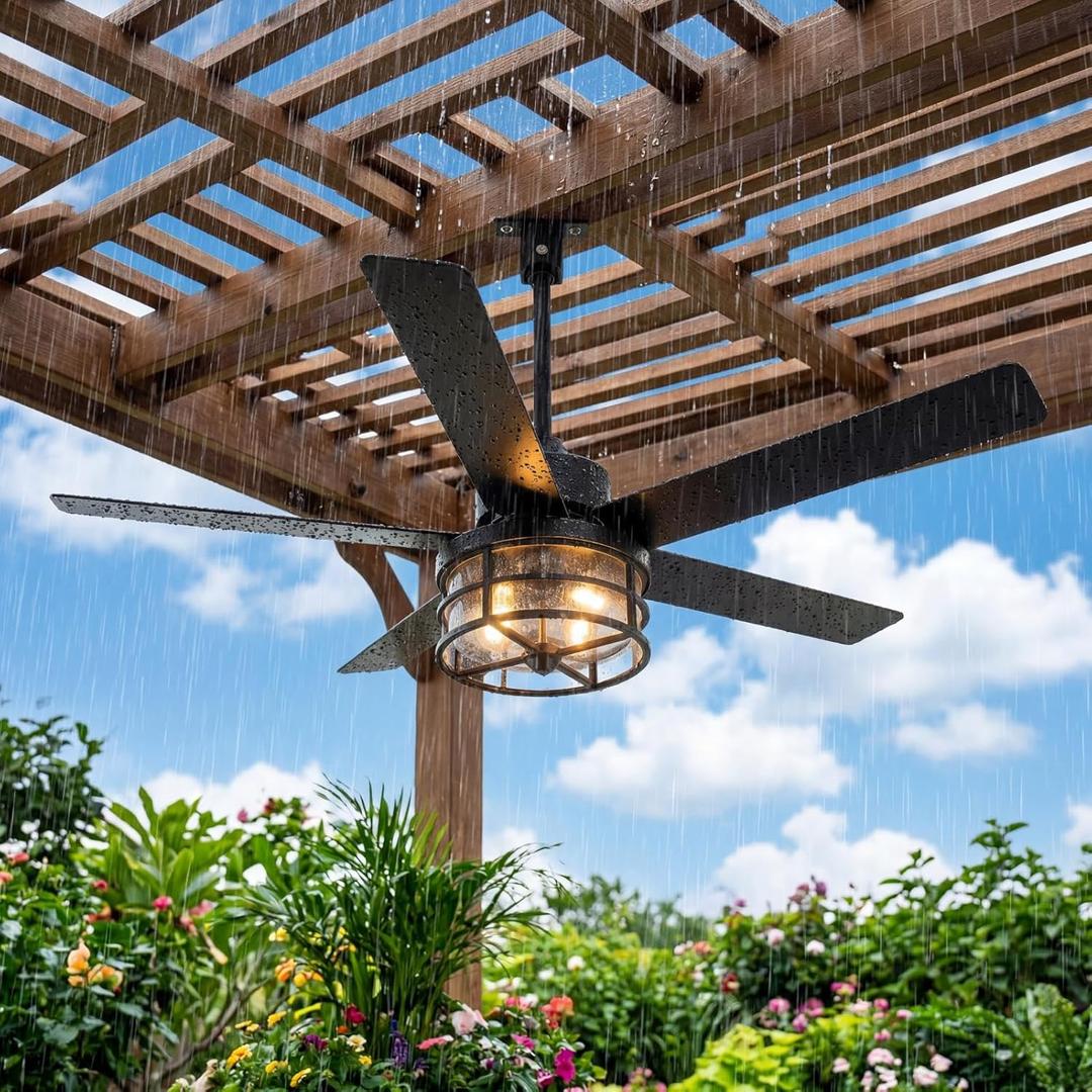 52" Weatherproof Outdoor Ceiling Fan with 4 E12 Base, Plug-in Caged Patio Fan, 6-Speed Remote & App Control, Reversible DC Motor, Matte Black