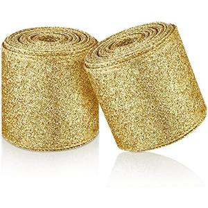 2 Rolls 20 Yards Christmas Ribbon Metallic Glitter Ribbon Wired Edge Decorative Fabric Ribbons for Party Wrapping Home Decorations Wedding Birthday DIY Crafts 2.5 Inch (Gold)