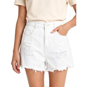 PATPAT Girls Ripped Jean Shorts, Y2K Vintage Mid Waist Straight Leg Denim Shorts with Elastic Waistband & Frayed Hem (White)10-12Y