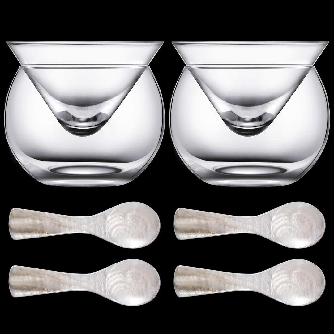 Glass Caviar Serving Set with 4 Pcs Mother of Pearl Spoons 3.2 Inch Caviar Dish Chiller Server Set with Ice Holder for Egg, Ice Cream, Coffee, Restaurant Serving