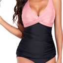Yonique Tankini Swimsuits for Women Tummy Control Bathing Suits Two Piece Tankini Tops with Bikini Bottoms Twist Swimwear (X-Large, Pink & Black Tankini)