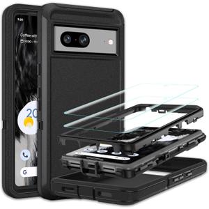 for Google Pixel 7 Case with [2 Pack] HD Screen Protector, [Military-Grade] Shockproof Dust/Drop Proof 3-Layer Full Body Protection Heavy Duty Case for Pixel 7, Black