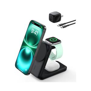 Belkin MagSafe Charger Compatible, 3-in-1 Charging Station, Qi2.2 25W Magnetic Wireless Charger Dock, Foldable Charging Stand for iPhone 17/16/15, Apple Watch, AirPods, Pixel 10 (45W Adapter Included)