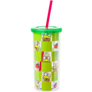 Silver Buffalo Sanrio Hello Kitty and Friends Keroppi Green Checkered Plastic Cold Cup with Lid and Straw, 20 Ounces