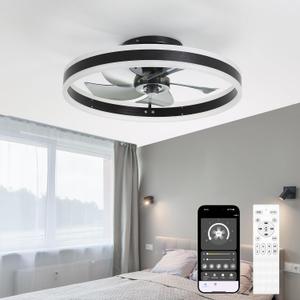 Ceiling Fans with Lights and Remote, 20'' Low Profile Ceiling Fan, 3000-6000K Dimmable Modern Flush Mount LED Fandelier, 6 Speeds Reversible DC Motor, Black Ceiling Fan for Bedroom Living Room