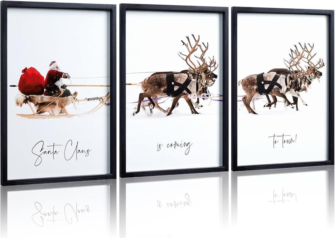 HKBS Framed Christmas Wall Art Decor, Set of 3 Christmas Wall Canvas Prints Pictures Farmhouse Santa Claus Is Coming To Town for Holiday Home Decorations Indoor (Black, 12"x16", Framed)