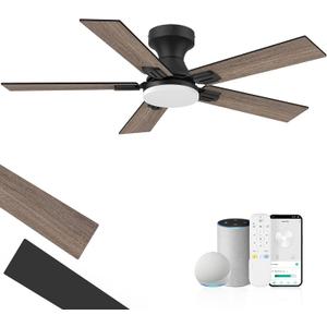 42" Smart Low Profile Ceiling Fan with Lights Remote,6 speed Quite DC Motor,WIFI Voice Control via Alexa App,Dimmable LED,Outdoor Indoor Flush Mount Fans for Small Bedroom Patio Porch,Black&Walnut
