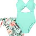 Girls One Piece Swimsuit Cut Out Ruffle Bathing Suit Twist V Neck Swimwear Solid Color with Cover Up Skirt 9-16T