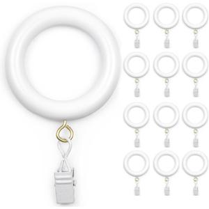 24 Pack of White 2 Inch, Wooden Curtain Rod Rings with Clips, Decorative Drapery Hooks for Hanging Drapes, Vintage, Cafe and Shower Curtains, Tension Rod Hangers & Home Decor, 1.25 Inner Dia.