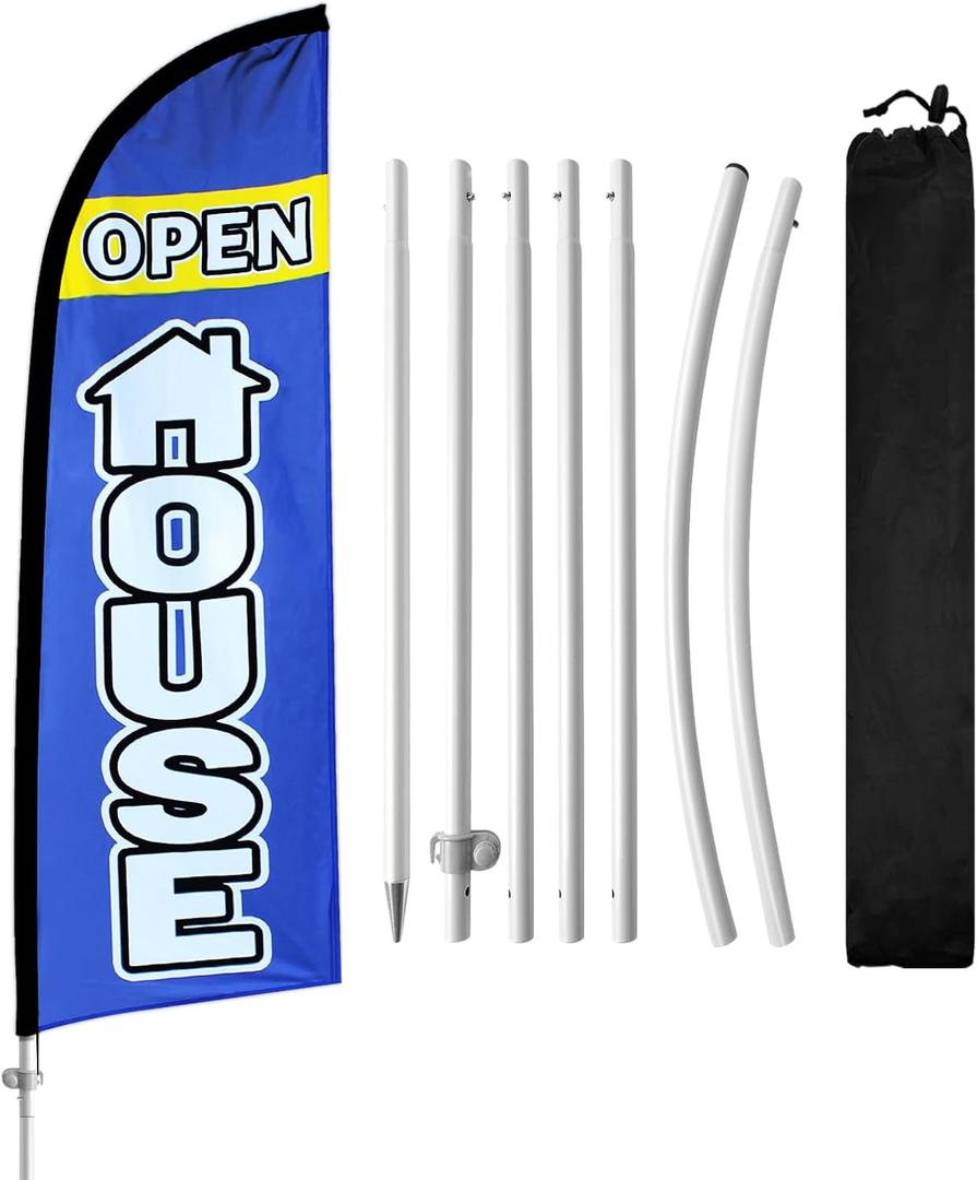 8FT Open House Flag with Pole Kit, Open House Signs for Real Estate, Ground Stake for Outdoor Open House Sign for Realtors, Homes for Sale or Rent