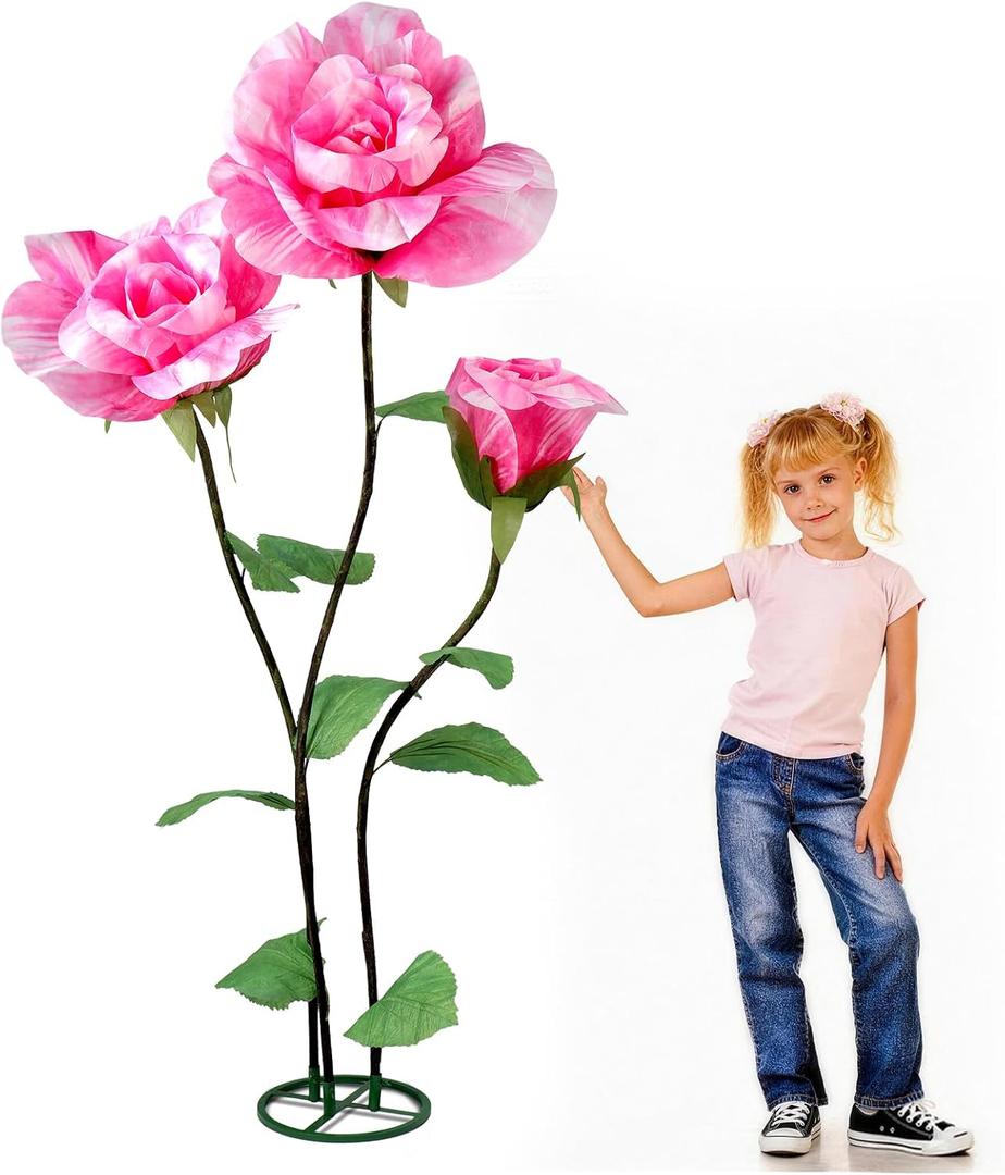 3Pcs Large Flowers Artificial Flower Decoration, Giant Artificial Flower Art Decor for Garden, Hote, Office, Home Farmhouse Decor, Wedding, Art Gallery, Store (Dark Pink)