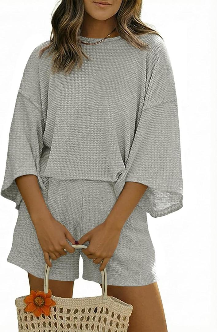 Tankaneo Womens Short Sets 2 Piece Outfits 3/4 Sleeve Tops and Elastic Waist Shorts Lounge Set Casual Loungewear (Gray) S