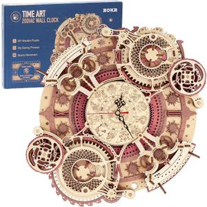ROKR 3D Wooden Puzzles for Adults-Wooden Clock Puzzle Kit-Wood Model Kits to Build for Adults-Zodiac Wall Clock