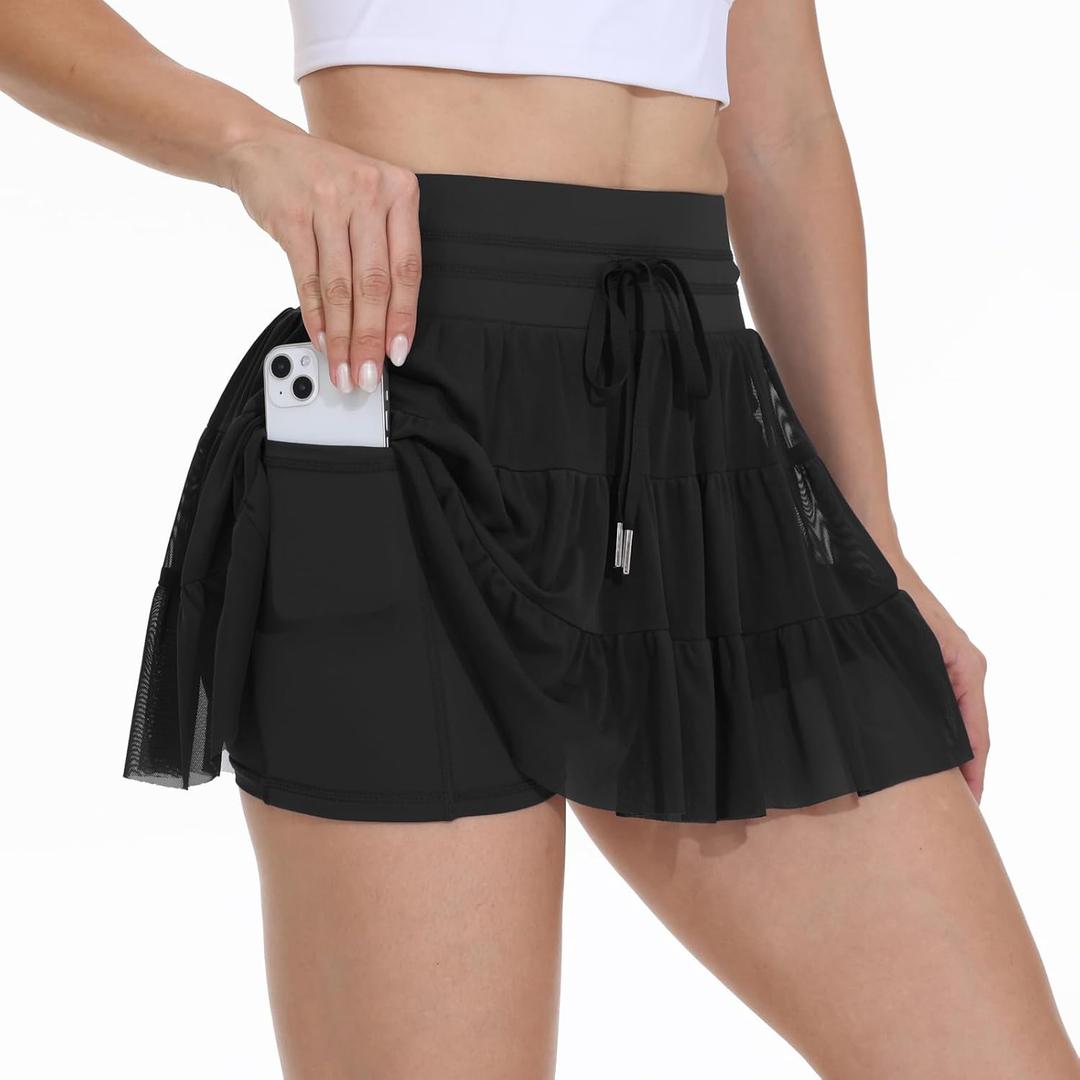 Blaosn Womens Tennis Golf Skirt Workout Athletic Mini Flowy Cute Skort Skirts High Waist with Pockets Shorts Casual Summer (Large, Black)