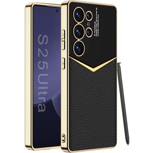 Leather Case for Samsung Galaxy S25 Ultra with Electroplated Frame, Vintage Luxury PU Non-Slip Grip Shockproof Full Body Protective Cover Phone Cases for Samsung Galaxy S25 Ultra 5G (Black)