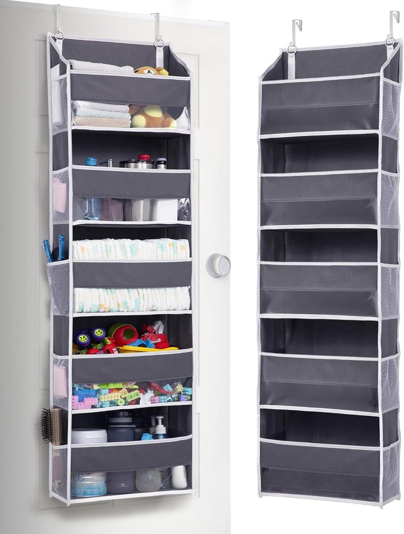 ULG 1 Pack Over Door Organizer with 5 Large and 10 Mesh Side Pockets, 44 lbs Weight Capacity Hanging Storage with Clear Window Kids Toys, Shoes, Diapers, Dark Grey, 5 Layers