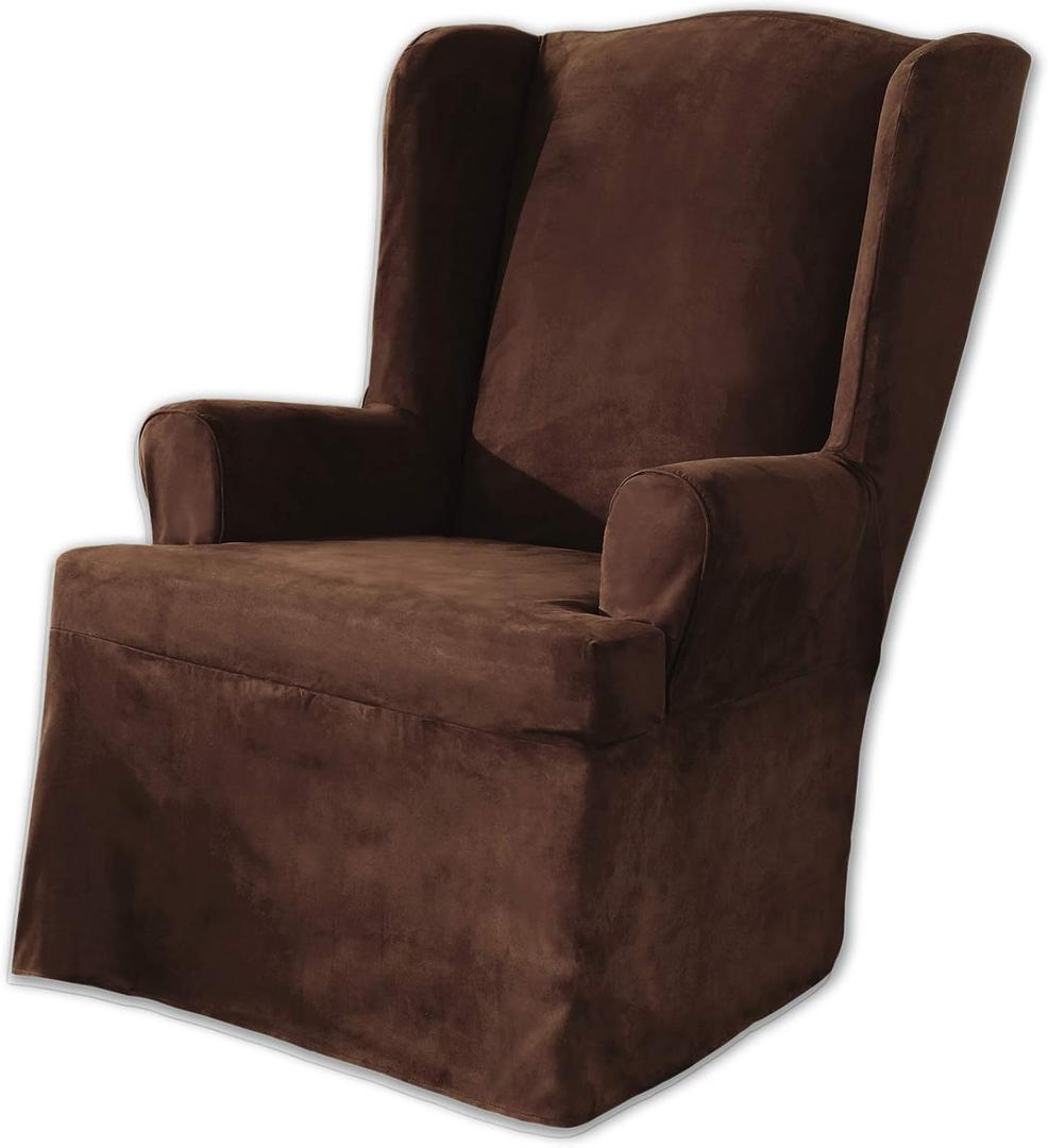 SURE FIT Soft Suede T-Cushion Wing Chair One Piece Slipcover, Relaxed Fit, Polyester, Machine Washable, Chocolate Color