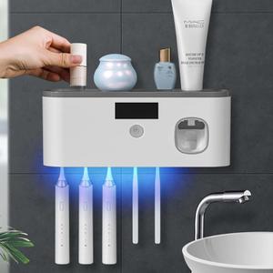 Toothbrush Holders for Bathrooms, Toothbrush Holder Wall Mounted with Toothpaste Dispenser Bathroom Solar Charging and No Drilling Required Tooth Brush Holder with 5 Brush SlotsGray (White-graytop)
