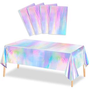 MADLYN RHUE 4 Pack Iridescence Plastic Tablecloths Shiny Disposable Laser Table Covers 54" x 108" Sequin Holographic Foil Tablecloths for Birthday, Wedding, Party, Picnic, Buffet, Holiday Decorations