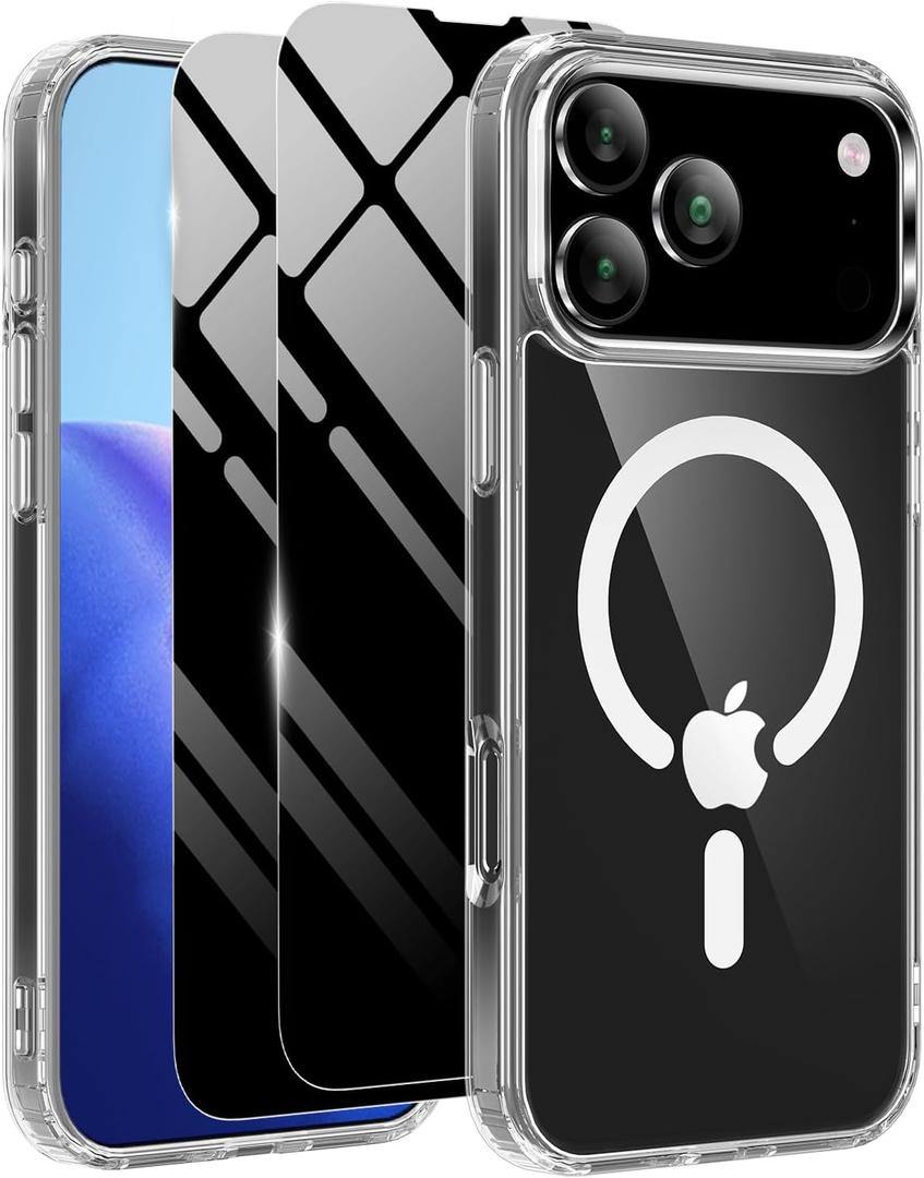 Haiseire Magnetic Case for iPhone 17 Pro Max with 2 Privacy Screen Protector [Compatible with MagSafe],Non-Yellowing Shockproof Protective Phone Case for iPhone 17 ProMax,Transparent