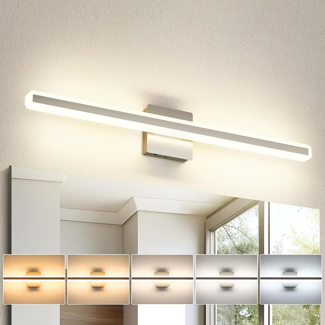 JUSHENG Brushed Nickel Vanity Lights for Bathroom, 5CCT Dimmable Vanity Light Bar, Modern LED Bathroom Lighting Fixtures Above Mirror 32'' Inch 24W, 31.5'' Inch