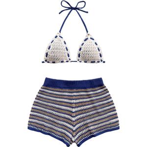 WDIRARA Women's Boho 2 Piece Outfits Hollow Out Micro Crop Halter Tops Striped Shorts Knit Set (Purple, M)