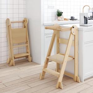 Foldable Toddler Standing Tower, Height Adjustable Kitchen Tower with Safety Rails and Anti-Slip Device, Wooden Kids Kitchen Stool Helper for Ages 18 Months to 6 Years - Natural Foldable Toddler Standing Tower, Height Adjustable Kitchen Tower with Safety Rails and Anti-Slip Device, Wooden Kids Kitchen Stool Helper for Ages 18 Months to 6 Years - Natural