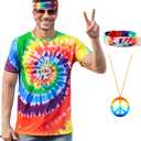 Mainfini Mens 60s 70s Outfits Hippie Costume Retro Colorful Themed Party Shirt (S-3XL) (Multicolor - Rainbow)