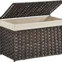 SONGMICS Storage Basket with Lid, Woven Blanket Storage Bin with Handles, Foldable, Removable Liner, Metal Frame, for Bedroom, Laundry Room, 17.2 Gallons (65 L), Brown URST56BR