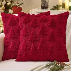 MIULEE Christmas Throw Pillow Covers Burgundy Red Christmas Decorations Set of 2 Xmas Tree 20x20 Pillow Covers Soft Plush Faux Wool Pillowcases Holiday Festivals Winter Home Decor Sofa Couch Bed Porch