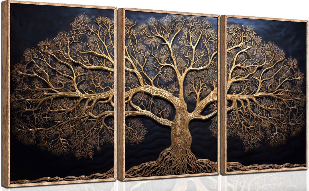 3Pcs Vintage Tree Life Canvas Wall Art Abstract Gold Tree Painting Decor Pictures Moody Modern Dark Plants Tree of Life Posters Prints for Living Room Bathroom Bedroom Decoration No Frames, 16"L x 12"W