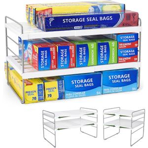 Pantry Organization and Storage for Kitchen - Expandable Kitchen Wrap Box Organizer Rack, Foil Organizer for Cabinet & Counter, Height & Width Adjustable Cupboard Storage Rack - (3 Tier 9.8 to 15.6"L) (White-1P)