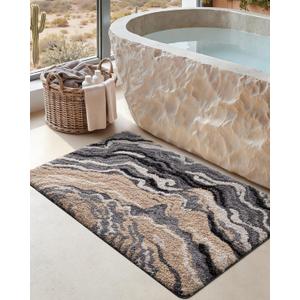 DEXI Bathroom Rug Mat 17x30, Soft and Absorbent Marble Bath Mat, Non Slip Machine Washable Bath Rugs for Shower Floor, Tub, Sink, Grey and Beige