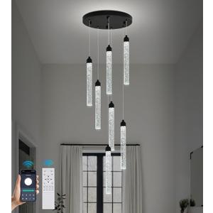 Crystal Staircase Chandelier, Modern Black Spiral Dimmable LED Cluster Raindrop Foyer Chandelier Lighting, Bubble Living Room Hanging Light Fixture 7 Light Remote Control, 11.8 Inches