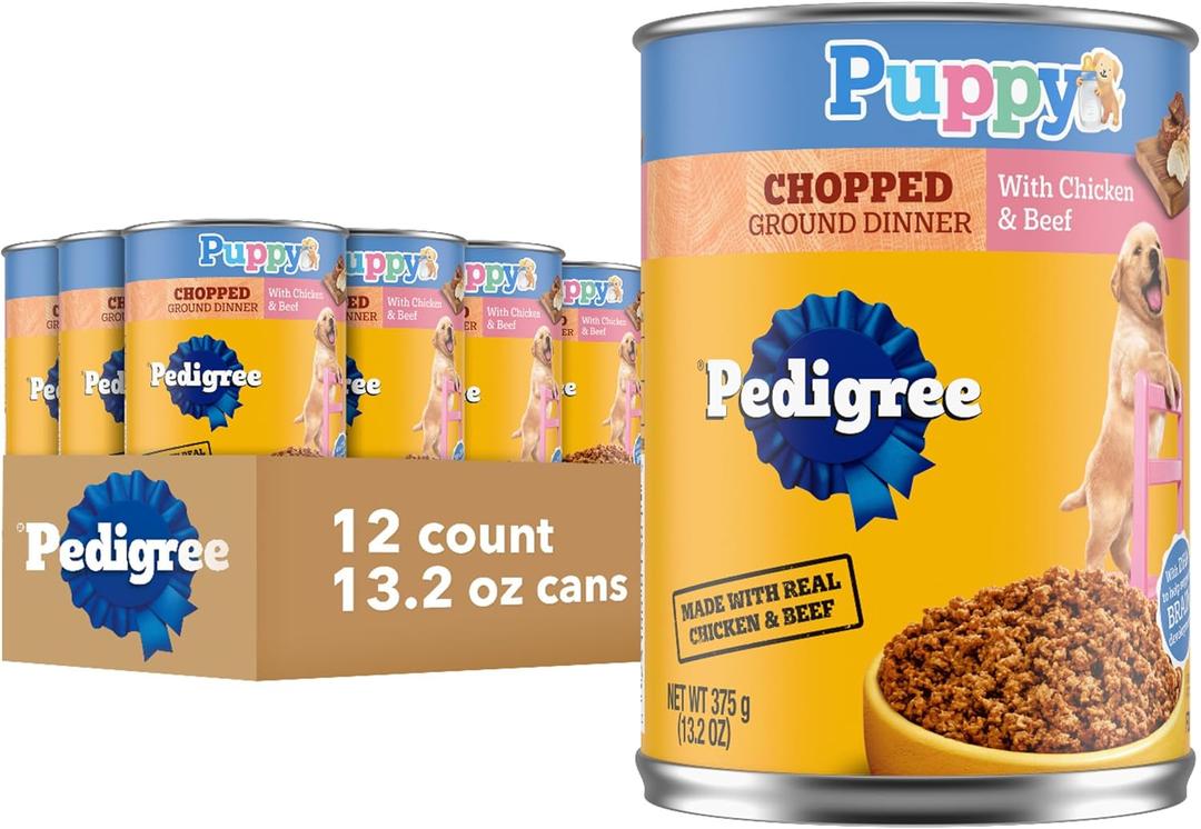 Pedigree Puppy Chopped Ground Dinner Wet Puppy Food with Chicken & Beef, 13.2 oz. Cans, 12 Count