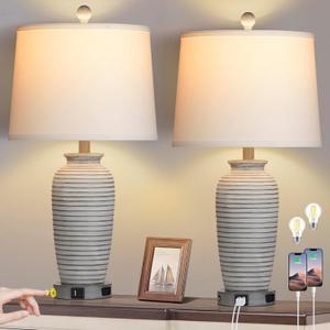 25" Farmhouse Jar Table Lamps Set of 2, 3 Way Touch Control Rustic Bedside Lamps with USB A+C Ports & AC Outlet, Pot Nightstand Lamps for Bedroom Living Room (LED Bulbs Included) (Grey-white)