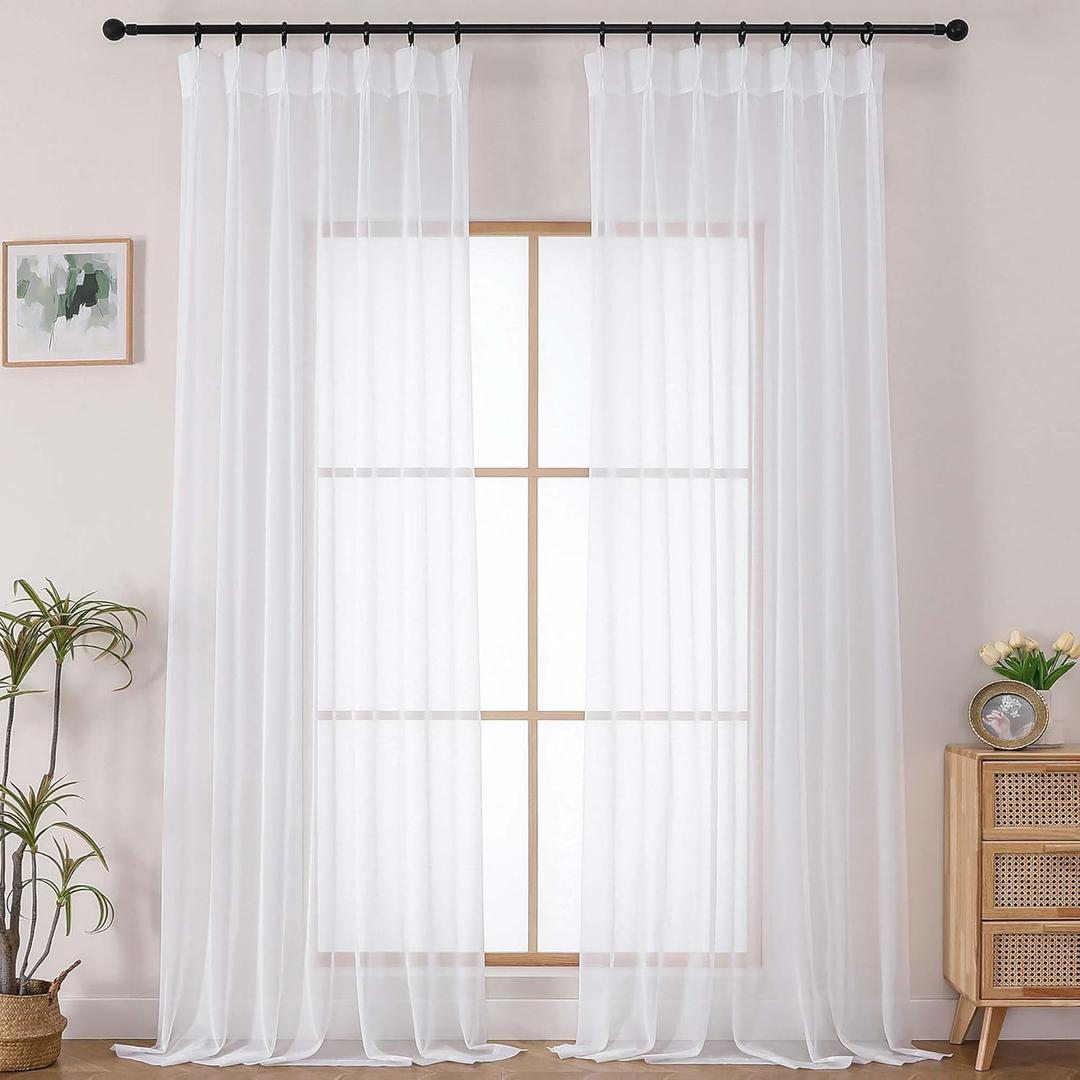 OWENIE Pinch Pleated Curtains, White Sheer Curtains for Living Room Bedroom 108 Inches Extra Long, Airy Soft Solid Light Filtering Sheer Curtain Drapes, White, 2 Pcs, Each 40x108 Inch
