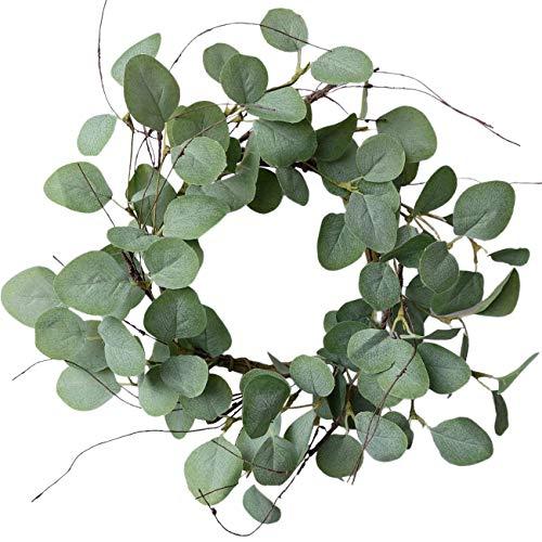 Idyllic Eucalyptus Leaves Wreath Metal Polyester Green Wreath 14 Inches for The Front Door Décor, 1 Pack