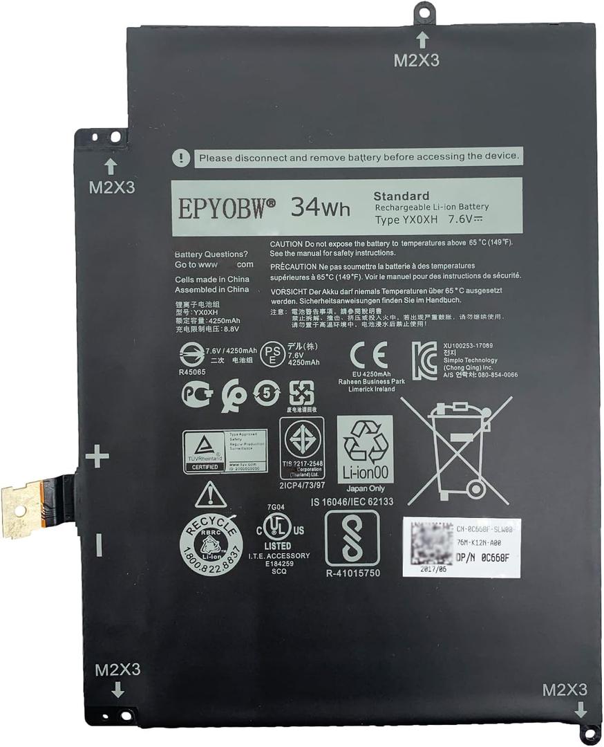YX0XH Laptop Battery 34Wh 4250mAh 7.6V Compatible with Dell Latitude 7285 2-in-1 Series YXOXH OWYCVV 0WYCVV WYCVV C668F 0C668F