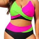 Tempt Me Plus Size Two Piece Swimsuit - Women High Waisted Bikini Set Tummy Control Bathing Suits (Green Pink Black)