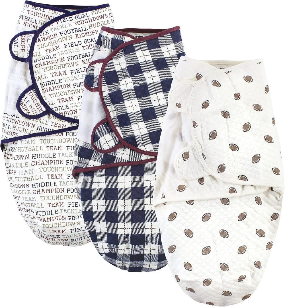 Hudson Baby Unisex Baby Quilted Cotton Swaddle Wrap 3 Pack, Football, 0-3 Months