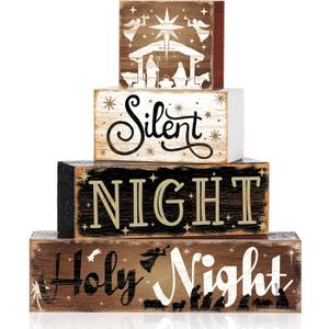 Moucuny 4 Pcs Wooden Christmas Nativity Table Sign Wooden Holy Night Decorative Signage Xmas Tiered Tray Decor Winter Centerpieces Farmhouse Block Set Xmas Table Sign for Home