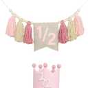 Birthday Decoration Set - High Chair Banner, Crown Theme Banner, Birthday Hat, Birthday Cake Topper, Photo Props, Pink Crown