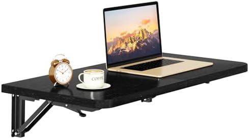 IBUYKE Wall Mounted Folding Table, Floating Wall Desk for Small Spaces, Fold Down Laundry Shelf with Heavy-Duty Brackets, Wall Table for Home Office/Bar/Kitchen/Dining Black UTVT005B