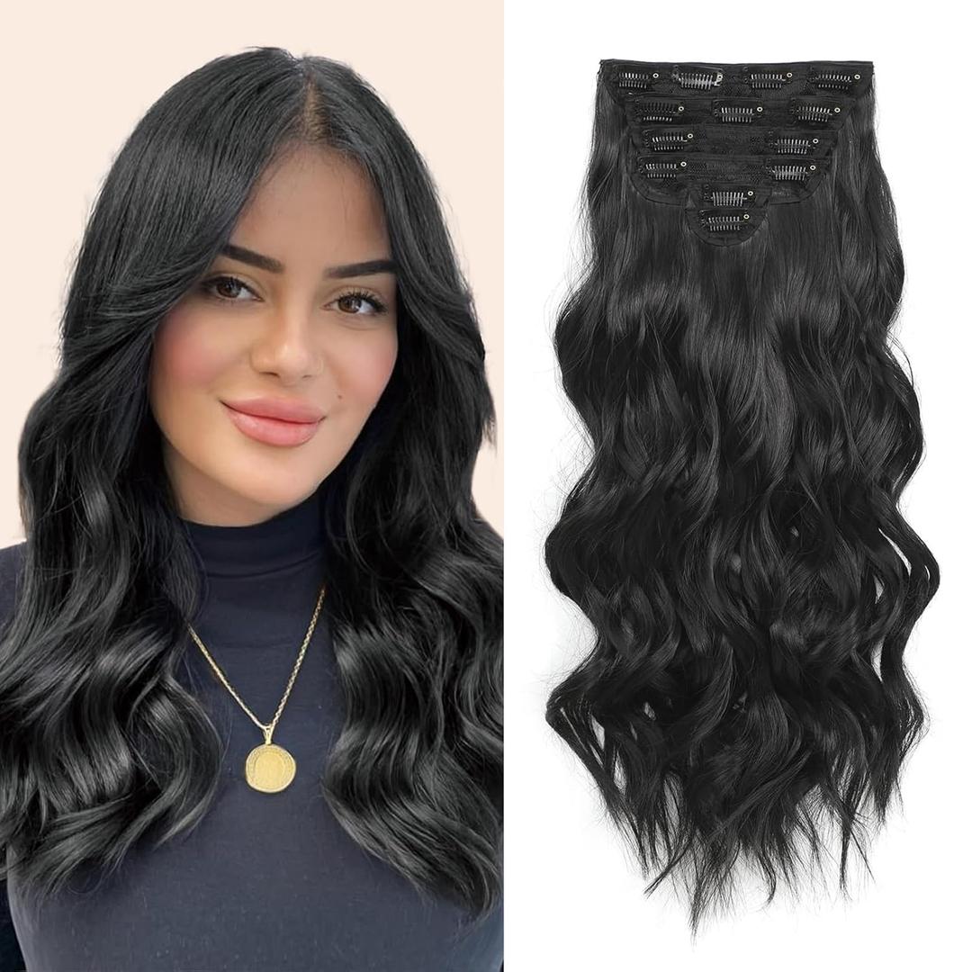 Fliace Synthetic Clip in Hair Extensions, 6 PCS 1 6 Inch Hair Extensions Clip Ins, Black Long Wavy Hairpieces(16inch, 6pcs, Black)